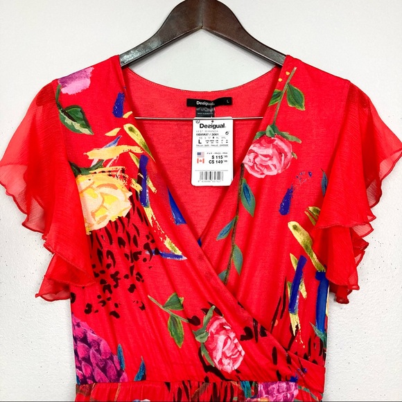 Desigual Miranda Flutter Sleeve Dress Women’s Size M Surplice Neckline Floral - Picture 3 of 9